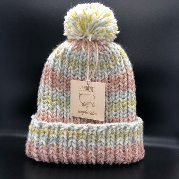 CHUNKY Ribbed Double Strand Hand Knit Marble Roll Cuff Pom Beanie Hat main image 10